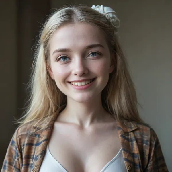 1girl, slim girl, (standing:1.5), (round breasts:1.4), (busty boobs:1.2), large breasts, albino, (white skin:1.8), long hair, light blonde, (hair in a one bun:1.4), (young skin:1.7), ., young woman photographed from a built-in laptop webcam perspective, looking directly at the screen, eye-level viewpoint, natural webcam framing, casual candid portrait, relaxed posture, slight head tilt, (sweet flirty smile:1.6), cheerful happy expression, warm joyful smile, sparkling eyes, cute teasing gaze, playful feminine charm, soft friendly expression, lively eyes full of happiness, tender and affectionate vibe, naturally attractive expression, (pale white skin:1.8), (extremely youthful skin:1.9), flawless porcelain skin, ultra smooth complexion, perfect skin, spotless skin, no blemishes, no acne, no freckles, no moles, no scars, no wrinkles, even skin tone, healthy natural glow, luminous complexion, delicate feminine features, fresh youthful appearance, (long straight blonde hair:1.4), silky hair, soft natural volume, smooth hair texture, wearing a brown plaid lumberjack-style flannel jacket, brown and beige checkered pattern, front fully buttoned, jacket securely buttoned from the chest downward, clearly closed jacket, only the top two buttons left undone, top two buttons intentionally unfastened, collar naturally open, subtle V-shaped neckline, modest visible cleavage, neat and tidy appearance, structured fit, cozy rustic aesthetic, casual everyday style, warm indoor lighting, soft shadows, realistic room atmosphere, subtle background blur, natural colors, authentic webcam appearance, slight wide-angle lens effect, centered composition, realistic video-call aesthetic, natural perspective, upper body portrait, photorealistic, realistic skin texture, sharp focus, balanced composition, natural proportions, high detail, high resolution