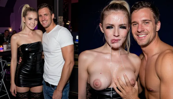 8k uhd, dslr, highest quality, side-by-side two selfie-pictures of the same couple, man and woman, man with brown hair and normal body, woman with blond hair and ponytail, one picture before the sex party and second picture after the sex Party. before the party woman looks shy and happy with a shiny black latex dress and black lace stockings, and nice make-up with black mascara eyes and fake lashes, man is on the left side of the picture wearing blue jeans and a white t-shirt, man is smiling into camera, after the sex party on the second picture woman´s face is completely covered in cum, dark background, her shiny black latex dressed is pulled down to show her tits full of gooey cum, an excessive amount of cum is on her face and in her mouth, cum is dripping down on her chest, her body and clothes are soaking wet, her fake lashes are hanging down and her make-up is ruined and destroyed, her hair is wet and messy, sticky cum and slime in her messed up hair, she is spitting out cum and saliva, thick strings of saliva are dripping down her chin on her cleavage, she is looking disgusted and sad, she is crying black tears, her face is completely destroyed, the man is now in the right side of the picture and naked with oiled body, sweaty and wet, his hair us messed up and wet from sweat, he is holding woman´s tits with his hands, he is smiling satisfied into the camera. Please make an extreme contrst from first picture to second picture. the woman has to be the same woman on both pictures. the man has to be the same man on both pictures.