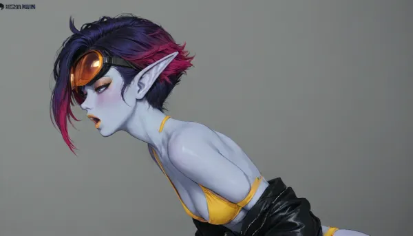 Markgavatino, Neocoill, Cutesexyrobutts style, (petite, skinny, thin), Cel-shaded, inked lineart, limited color palette, masterpiece, night elf female, (blue skin:1.2), elongated ears, blush, yellow bikini-top, small breasts, (yellow eyeshadow, yellow lipstick), bold eyeliner, (thick bold outline:1.3), (huge leather goggles:1.3), ((huge blue eyes, glowing eyes)), ((swollen golden lips, puffy golden lips)), very long, (vibrant purple hair, (magenta highlights)), ((arms back)), side view, (moaning:1.3), lips apart, <lora:mk_Bp Anime_xl:1.2>, <lora:lineartSDXL:2>