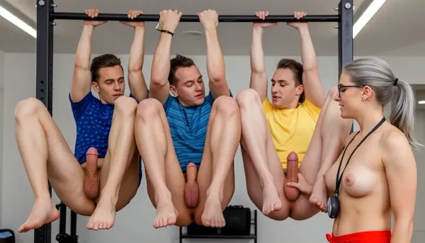 Three sporty men are hanging on the crossbar holding onto it with their hands above their heads, feet do not touch the ground, embrassed. every men a colorful shirt, barefoot. all men with realistic detailed erect penises, A female coach with is staying near by, has a stopwatch hanging around her neck. The men look attentively at the older female coach., (the female coach touching two penises of two man), (nude female coach, shaved pussy, hanging tits, stiff nipples, grey hair in ponytail, glasses, interested smile)