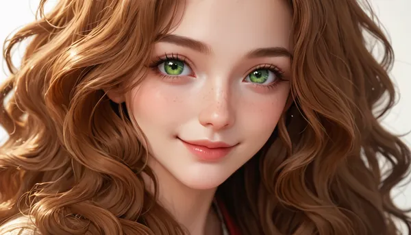 up close view of beautiful 35 year old middle aged woman's face black long wavy hair, green eyes small nose with curious smile