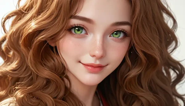 up close view of beautiful 35 year old middle aged woman's face black long wavy hair, green eyes small nose with curious smile