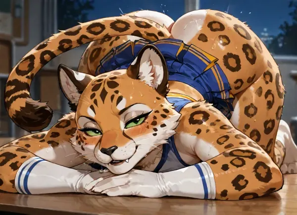 Masterpiece, high Quality, simple background, Best Quality, 1girl, 20yo, furry, leopard, light-green sclera, black eyes, black nose, whiskers, orange body, orange fur, white body, white fur, two tone body, two tone fur, black spots, spotted body, no humans, looking at viewer, blush, sharp teeth, fangs, bald, Big ass, female wearing a Cheerleader uniform, dark blue skirt, armgloves, black lips, feet, sweaty body, legs rest position, legs resting, squishy paws, aroused, seductive, smug face, saliva, sexy, front view, side angle view, feet focus, detailed eyes, beautiful composition, intricate detail, intricate details, masterpiece, ultra-HD, high detail, (blurred background), best quality, night, classroom, <lora:add-detail-xl:1.2>, <lora:LCMTurboMix_Euler_A_fix:.8>