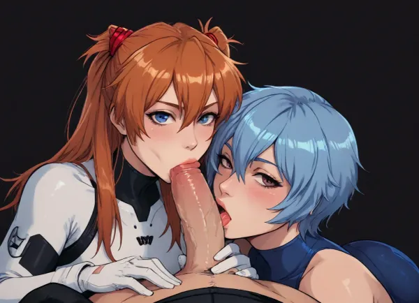 ((Owler meets markgavatino style)), (reiq style:.8), masterpiece, (rei ayanami), (asuka shikinami Langley), eva suits, 2girls, 1guy, doubleblowjob, pov, simple background, <lora:mk_Bp Anime_xl:1>, <lora:lineartSDXL:1>