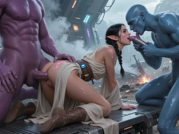 Oil painting style, Greg Rutkowski inspired, ethereal, cinematic lighting, hyper-realistic, 8k resolution, intricate detail, high fantasy, "The Empire Strikes Back" aesthetic. A cinematic wide shot of a beautiful elvish jedi in very light robe, on all fours on a steel platform, she is having sex with a giant bald naked purple human and a giant bald naked blue human, amid a battlefield with smoke and high tech sparks, epic scale.

The blue human is standing behind her, pushes his penis in her pussy, steadying her ass with his hand and spreading her pussy lips wide to position his penis head to penetrate her cunt deeply. The purple human stands in front of her, he holds his erect penis against her lips as she gets ready to swallow the penis. A beautiful young jedi, SamDoesArt2, passionate, petite, (dark haired skinny female elf:1.3), very beautiful face, dark tan skin, french braid, very small breasts, stiff nipples, nipples exposed, torn robes, pussy exposed, belt with lightsaber hanging from it, elf ears, view from the side and back, seeing her pussy get penetrated, focus on penis penetrating pussy, she smiles and blushes as she has an orgasm in spite of the dire circumstances, focus on squirting pussy and beautiful pussy lips, she is really having a good time. Creampie. Cumshots. The purple human's cum is light pink, she gets some cum on her face and hair, the blue human's cum is light blue she gets some in her pussy and on her thighs.