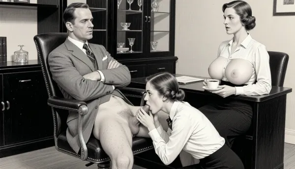 This is a detailed monochromatic pencil drawing in a classical illustrative style depicts a scene set in an office in the 1920s. A professional office setting with three individuals in an intimate interaction. A man in a grey suit and tie sits in a vintage office chair, with arms crossed, looking at a woman in a white blouse and black skirt, who holds a coffee cup. The woman looks at the man. The man is naked from the waist down, his legs are spread. The man has a straight errection. The young female intern kneels between the man’s legs, (she has huge perky tits:2), her hands on his testicles, the tip of the penis in her mouth. The women wear typical 1920s clothes and hairdo. The scene is brightly lit with even lighting. The background includes a black shelving unit with glassware and a neutral-colored wall. The composition is centered, with a medium shot capturing the upper bodies and interactions. The overall style is a black and white pencil drawing, capturing a candid moment. The scene has a formal, organized atmosphere. The overall mood is intense, rendered in fine, expressive line work and subtle shading, evoking the style of 1920s satirical or moralistic illustrations.