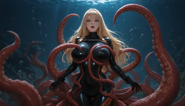 underwater, sexy female diver in black diving suit, long blond hair, (red octopus tentacles grabbing the woman and squeezing her breasts), beautiful face, big beautiful black eyes, full pink lips, realistic light and shadow, shocked look, air bubbles come out of her mouth, very high quality, ultra wide shot, beautiful