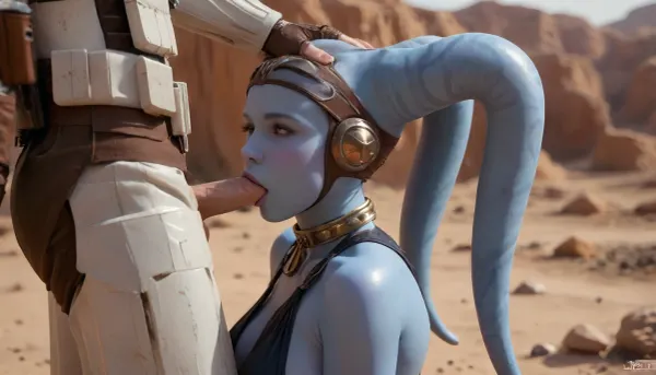 Ultra-realistic, female twi'lek, blue skin, smiling, star wars, big breasts, slave outfit, slave collar, full body, in desert planet, twi'lek give stormtrooper a blowjob, penis, holding head, side view, detailed, Twi'lek, msle, Female, 4ng3l, face, woman, sucking, a, cock, <lora:twi'lek:2>, <lora:SDXL_BetterFaces-LoRA_v1:1.1>, <lora:WTS - WhatTheSuck - v1:2>