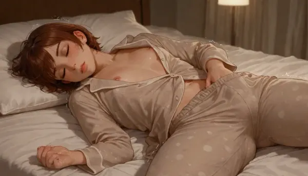 photorealistic, woman, brown short hair, round plain face, freckles, flat chest, short, erect nipples, (unbuttoned grey pajamas), (bare nipple visible), lying on bed covers, (hand in pants:1.3), (drenched pants), (trembling legs:1.1), sleeping, (after orgasm)