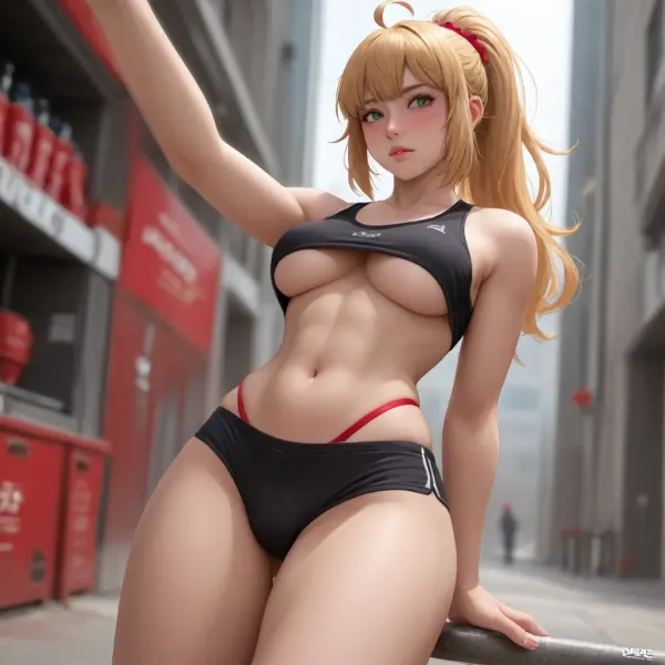Jeanne Alter from Fate and Noelle from Genshin Impact 21 Dross style futa A beautiful sexy athletic College Volley ball player, Skimpy black outfit, black shorts hiked up into a wedgie fit to a nice round and firm ass. Big boobs, under boob, long blonde ponytail. Sports bra, big arena, (wide hips), (thick legs), (big ass)