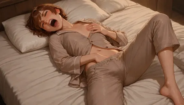 photorealistic, woman, brown short hair, round plain face, freckles, flat chest, short, erect nipples, (unbuttoned grey pajamas), lying on bed covers, (hand in pants:1.3), (hand on breast), (masturbating:1), (drenched pants), (tremling legs:1.3), (screaming:1.2), (), uneasy, eyes closed, sleeping