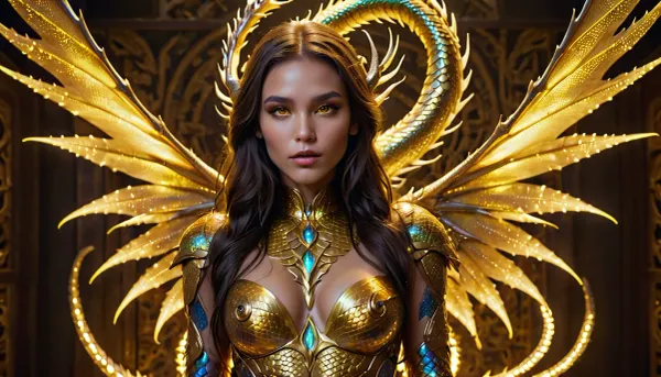 Beautiful bionic tattooed neon iridescent golden- long haired neon iridescent yellow-eyed dragonid girl in little body, posing, dragonscales, <lora:sexmachine_XL_0_:.5>, mstltmrc, <lora:mstltmrc:.8>
