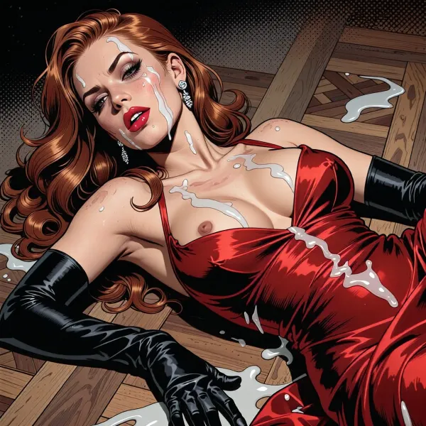 comic book style, graphic illustration, comic art, graphic novel art, film noir style, stunning femme fatale, long wavy red hair, elegant red silk evening gown extremely low cut, hourglass figure, long black silk gloves, bright red lipstick, diamond earrings, (((ultra Close up on face))), .
She is lying on the parquet floor, her back on the ground, arms lying on the ground, she is exhausted, her face tilted on a side and covered by white cum, her dress torn apart, one tit is visible, her dress is covered by cum as well., 1940s atmosphere, ultra detailed, 8k, high contrast

vibrant, highly detailed, ink outlines, halftone shading in the background