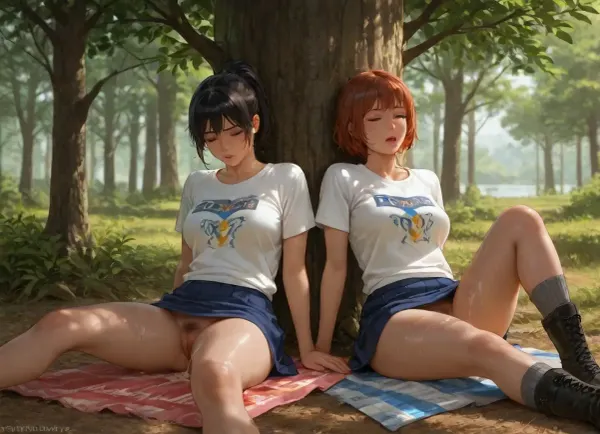photorealistic, two women, ponytail, short hair, t-shirt, skirt pulled up, trekking boots, long Grey socks, near a lake, on blanket, (drenched blanket), (pubic hair:1.5), towel, (after orgasm), (cum on thighs), mouth open, tired, eyes closed, hands behind, feet Apart, (sitting on ground against a tree:1.4)