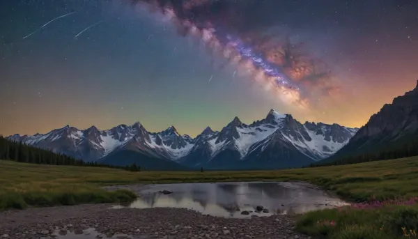 Two towering snow capped mountains in the distance, like brothers, stand side by side on the wilderness. The snow on the top of the snow capped mountains is thick, and the spectacular colorful Milky Way and colorful starry sky in the background are dotted with shooting stars. At the front of the wilderness, there are rocks, gravel rivers, and small wild grass and flowers.