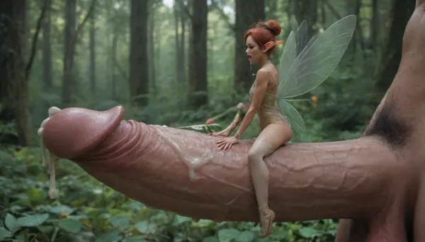 Cinematic side view, deep forest, Giant man, giant oversized cock, massive cock, (((Mature Fairy is as tall as Giant mans penis. Penis is thicker than Mature fairy, Fairy is extremely short), tiny, slender, skinny, petite, small)), ((Mature Fairy look like 50yo slender woman, huge saggy breasts, stockings, petite, tiny, slender, pubic hair)), ((tight black see-through dress)), disgusted expression, looking at massive cock, cock bigger than her body, body sized cock, pubic hair, cock bigger than fairy, face against cock, Licking the tip, ((oozing cum)), (mature fairy chest covered in thick cum:1.4), (massive amout cum of spilling out of her mouth:1.4), tamada heijun art