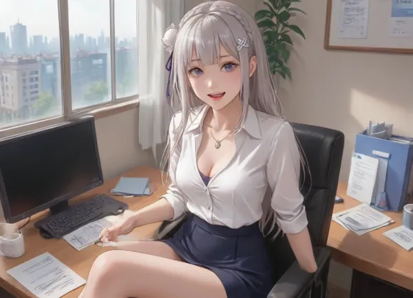 Emilia from re, zero, large smile, open mouth, enjoy, Office outfit, cleavage, (no skirt:1.5), Sitting on a desk chair, Office background, sweet sunlight, <lora:outline_xl_kohaku_delta_spv5x:1.3>, <lora:NEOTOKIOXL_0.2_RC:.7>, <lora:Ppolar-P3v1-NbVp10:.7>, <lora:cartoon_stickers_xl_v1:.5>