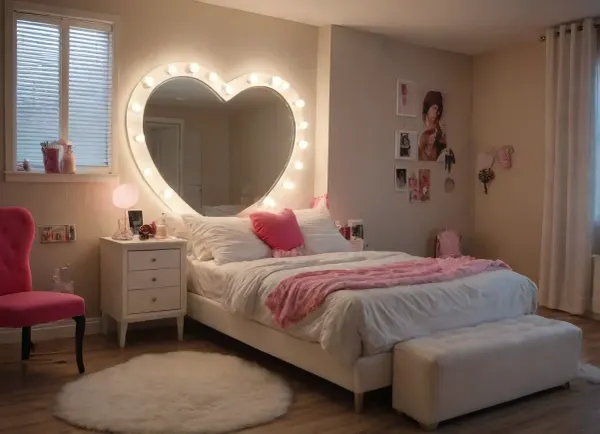 best quality, 8K, HD Texture, remove text, perfect fingers, background increase details A bedroom with things scattered about, on the right is a table with cosmetics on it and a round mirror surrounded by many lit light bulbs in the middle of the room is a large heart-shaped bed, A chair shaped like a high-heeled shoe
