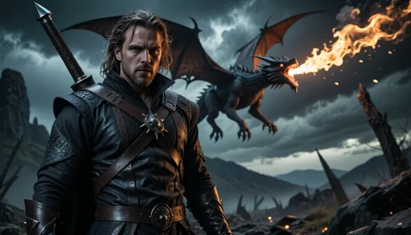 highlander, atmosphère sombre sur fond de ciel de tempête, corps entier, dragon volant crachant du feu en arrière-plan