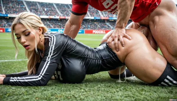 beautiful asian woman, blonde long thick hair, white skin, feminine curvy body, big breasts, big ass, feminine legs, soccer jersey, dreamy face, close eyes, the black gigantic man with soccer jersey is fucking the beautiful woman, alien, doggy style, vaginal penetration by huge dick, big gap, spread legs, clothed fucking, gigantic black man, black skin, gigantic body, big gold necklace, gigantic black cock, hard erection, veins, huge penis, huge creampie, thick sperm, from side, raw image, soccer field