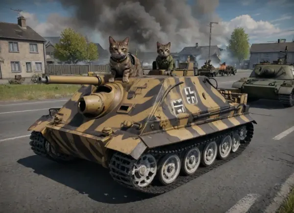 A thin tall tabby cat, Nazi female cat, sitting on a sturmtiger tank, carrying a pistol, (european shorthair, darkbrown fur, greeneyes, dark gray fur), traditional German nazi clothing high rank uniform, nazi clothing, iron cross first class, she is leading a group of heavy armed german soliers, in an country town, corpses lying around, burning tanks, cannons, soldiers, burning old houses, planes in the air, 4rt_0f_w4r, clothes, ktt, artstyle, <lora:ArtOfWar-xl1024-v1a-0__4rt_0f_w4r:2>, <lora:uniform:1.9>, <lora:Kitty LoRA - Trigger with KTT Artstyle:1.3>, <lora:sturmtigor-000007:1.7>