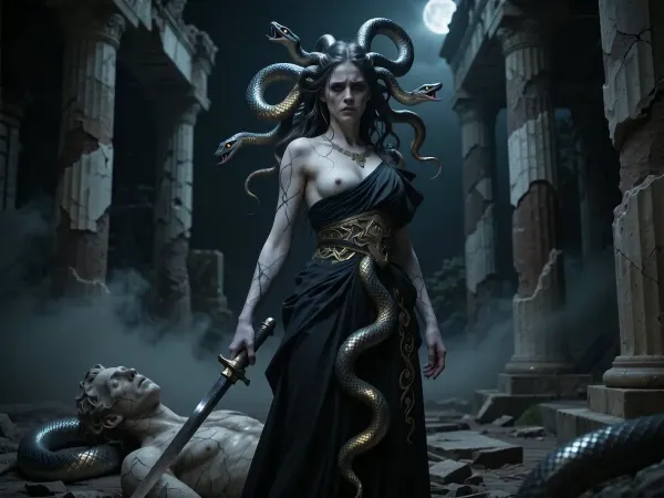 Medusa Gorgon, ancient cursed woman of immense power and unbearable tragedy, pale cracked marble-like skin with subtle veins and faint ancient scars, living writhing snake hair with highly detailed iridescent scales, multiple realistic snake heads hissing in restless sorrow and aggression, hypnotic deep piercing eyes filled with centuries of pain, loneliness and quiet despair, gaze full of ancient sorrow and reluctant lethality looking directly at viewer, deeply melancholic and tragic expression, elegant but tattered ancient Greek dark gown with faded gold serpent motifs, standing among heavily ruined and decaying marble columns of her long-abandoned temple at night. She has just petrified yet another intruder who came to slay her — his broken stone statue lies at her feet, sword still in hand. Heavy oppressive mist and thick shadows surround her, cold pale moonlight barely piercing the darkness, eerie faint glow from the snakes' eyes, atmosphere of eternal curse, profound loneliness, endless suffering and tragic beauty, powerful yet broken and weary goddess, ultra detailed snake scales and cracked marble skin texture, masterpiece, best quality, 8k, photorealistic with dark artistic rendering, intricate details, sharp focus, cinematic chiaroscuro, moody and desolate