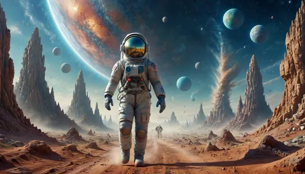 Rock wonders on the celestial sphere in outer space. A lovely woman walking upright. Smiling, wearing toy spacesuits and astronaut helmets. ktt， Jade Universe, green, eyes, blue, brown, perfect eyes, spectacular dust storms in the distance, flying sand and stones in the environment., <lora:Space_sdxl:2>, <lora:Jed-Cosmos-sdxl:2>, <lora:Surreal_Space-000013:2>, <lora:PerfectEyesXL:.5>