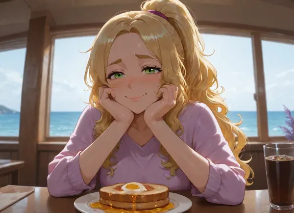 0 19 year old woman sitting at a table next to a glass wall eating, breakfast of toast and fruit, coffee, loose-fitting lavender color shirt with three-quarter sleeves, (wavy yellow hair:.8), yellow wavy hair in a lose ponytail, (shy smile:1.2), (direct eye contact with POV), light green eyes, (strong jawline:.4), strong chin, freckles, interior sunrise lighting, ocean view, hotel background aesthetic, painterly, dramatic lighting, high shot, dynamic angle, dynamic shot, detail, highly detailed, face detail, detailed eyes, beautiful eyes, detailed hands, detailed fingers, skin detail, cloth detail, food detail, detailed hair silky and smooth, <lora:bimboxl_02:.7>, <lora:Incase_Style__SDXL:.1>, <lora:AfrobullPony2-000016:2>