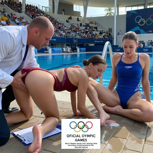 Cinematic look, natural light, sunny day, (no direct sunlight), wide shot. An outdoor Olympic pool with stands full of spectators. During the diving competition, the five-ring Olympic emblem is visible. A 17-year-old female diver is on all fours. Having just emerged from the pool, she is completely wet and glistening, as is her swimsuit—a burgundy one-piece diving suit. The suit is bunched up away from her crotch, while a man in a doctor's coat penetrates her vagina from behind in a doggy-style position. The doctor is kneeling behind her, gripping her buttocks with his hands and thrusting deep into her, his clipboard with a test form lies on the ground. Beside her is another diver—a sexy, voluptuous 24-year-old wearing a royal blue one-piece diving suit with the "SPEEDO" logo, the suit pulled up over her stomach. She is sitting on the ground with her legs spread, a moderate amount of semen is flowing from her crotch, forming a puddle on the ground, and she looks exhausted.

A small inset box features the official Olympic Games logo in its standard colors, with white text at the bottom reading, "Much deeper sexual anti-doping tests have been implemented at the Olympic Games."