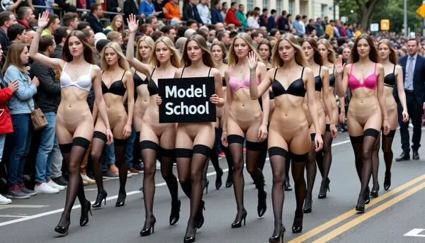 (ultrarealistic photography), (full body view), A festive parade with a large crowd of spectators. a walking group beautyful slendel young models, (walk like on a catwalk), all girls wearing black nylon stockings, black high heels and a different colored bras. one girl in front of the group is holding a black sign that reads "Model School". The girls are cheerfully waving to the spectators, the atmosphere is high-spirited, innocent faces, youthful, all girls with totally shaved clear vaginas and clear vulvas, visible vagians, visible labias