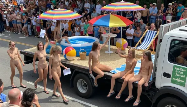 (ultrarealistic photography), (full body view), A festive parade with a large crowd of spectators., (Four girls with flip flops are walking alongside the truck and handing out flyers to the crowd.), several nudist girls are on the bed of a low-loader., (only girls), On the low-loader bed, there are two open colorful parasols, an inflatable small pool, a small cocktail bar, a small sandy beach area, and inflatable beach balls, two deckchairs, a beach basket. The girls are cheerfully waving to the spectators, the atmosphere is high-spirited.
beautyful girls with shaved vaginas and perky tits.
On the side of the cargo bed, there is a green poster with the inscription "Nudism is fun – join in!.", (two girls sitting on air mattress on the edge of the truck bed with her legs dangling, the spectators can see their pussies.), (one girl sitting in the pool), (two girls sitting in deckchairs, with spread legs apart)
