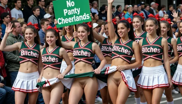 (ultrarealistic photography), (full body view), A festive parade with a large crowd of spectators. a walking group beautyful cheerleaders in green red cheerleader dresses, bearing the inscription "Bitches", with white planted skirts. the girls lift their skirts up with join, showing their totally shaved vaginas. one girls in front of the group is holding a green sign that reads "No Panty Cheerleaders". The girls are cheerfully waving to the spectators, the atmosphere is high-spirited, innocent faces, youthful, all girls with totally shaved clear vaginas and vulvas, (not a single pubic hair is visible)