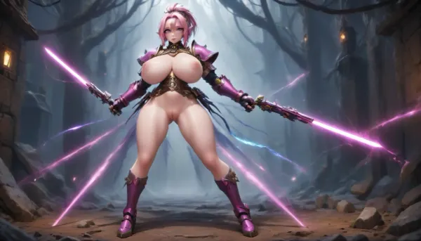 1 Female human/Cyborg hybrid, she has tanned peach skin with electrified veins, bright extremely pink eyes, very long pointed elf ears, very short body, only 4 feet tall, midget, super short girl, midget girl, hyper petite, ultra petite, skinny, thin, ultra skinny, uber thin, she has a long ice blue ponytail, she has silver engineering goggles with PINK lenses, she is wearing only PINK Death Knight Tier 9 PINK shoulder pads and PINK boots and engineer goggles from world of warcraft, she has in her right hand a pink lightsaber, in her left hand is a pink lightsaber, she has no pubic hair at all, vagina is showing, fake breasts are showing, only shoulder pads and boots, big sword, fake huge breasts, fake massive tits, fake enormous boobs, fake tits bigger than watermelons, huge fake tits, high_elf_archer_\, (goblin_slayer!\), GiganticBreatsXL, gigantic, Holo-Punk, Style, <lora:EnvyElfXL01:2>, <lora:GiganticBreastsXLv1:2>, <lora:steampunk_xl_v2:2>, <lora:HoloPunkXL:2>, J3ss13, R4sb3rry, headband, medium, hair, ponytail, gloves, belt, <lora:Jessie_Rasberry:.8>