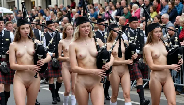 (ultrarealistic photography), (full body view), A festive parade with a large crowd of spectators. a scottish bagpipe band consisting entirely of girls. the atmosphere is high-spirited, innocent faces, youthful, all girls with totally shaved clear vaginas and clear vulvas, visible vagians, visible labias