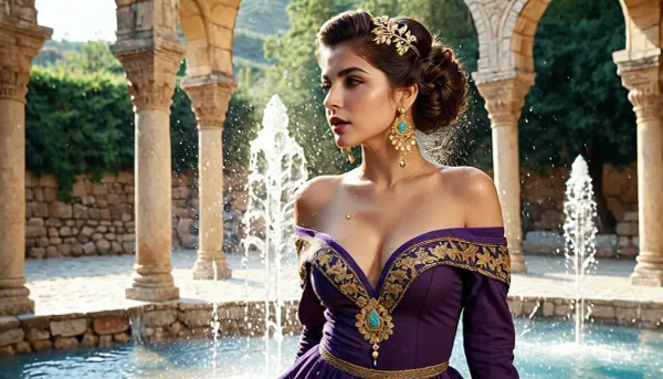 A masterpiece, top-notch quality, ultra-detailed rendering, photorealism, (Gorgeous Turkish Woman:1.35), a stunningly beautiful face, delicate features, seductive dark eyes with perfect makeup, hair styled in an elegant updo, gold jewelry with turquoise stones, a luxurious dress with a plunging neckline and bare shoulders, she stands at the edge of an oriental fountain with a large stone basin, sparkling splashes and droplets in the air, sunlight reflecting off the wet stone and flowing water, a sun-drenched historic courtyard with stone arches and ancient walls and columns.