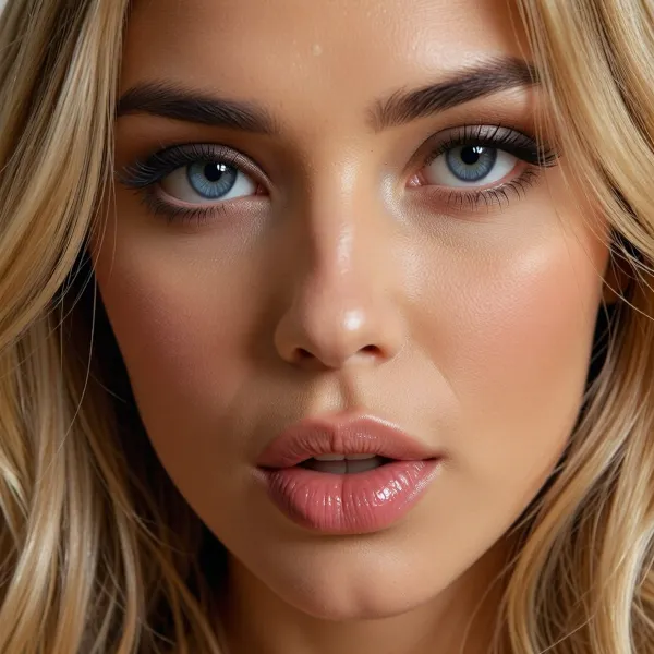 (erotic bdsm esthetic, warm golden lighting:1.4), (long light straw-blonde hair, sexy luxurious hair, thick dark eyebrows:1.5), (soft round facial features, round cheeks, soft round jaw, soft round chin, round face:8), (luscious full lips, soft lips with pillowy creases, large thick lips, lips parted sensually:2), (tight face closeup, sultry expression of intense anticipation:4), (sharp focus on stunning eyes, brilliant blue eyes, perfect eyes, detailed eyes, catchlights), (downturned almond shaped eyes, long eyelashes), (4k uhd, extreme detail, vellus hair, sharp contrasting limbal rings)