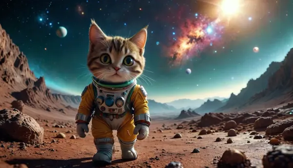A Rocky strange landscape on an alien planet in space. A cute smiling cat walking upright. Cat is smiling, walking on two feet.A very cute tabby female cat, european shorthair, (very dark brown-grey short fur, green yellow eyes), in a toy spacesuit with astronaut helmet. ktt, Sp4c3, Sc3n3, planet, stars, nebulae, sky, <lora:Kitty LoRA - Trigger with KTT Artstyle:1.4>, <lora:Miniature_Space:2>, <lora:Vivid Midjourney mimic - XL SDXL v2.0:.9>, <lora:MJ52:2>
