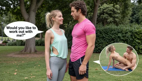 (ultrarealistic photography), (full body view), A man and a woman are standing facing each other in the park., (The fit, slender woman wears her blonde hair in a messy ponytail, she is wearing light grey leggings and a light green oversized tank top with deep side cutouts, with a sweet smile, (Speech bubble, "Would you like to work out with me")), (The athletic man is wearing black athletic shorts and a pink muscle shirt, he has a three-day beard and curly brown hair., (Thought bubble, picture of, (The fit, slender woman with her blonde hair in a messy ponytail in front and himself, naked, during yoga together)))
