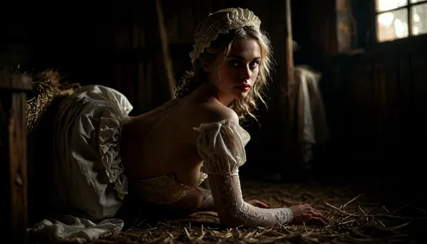 This is a detailed photo a scene set in 19th century The Russian Empire, a very beautiful Russian aristocrat girl, innocent 40 years old blonde, slutty smile, hat-bonnet, blue eyes, white stockings, narrow butt hips, beautiful gray gown, (Standing on all fours in the straw in the stable with and the hem of her dress lifted), (silk with lace white stockings, ass and hairy labia are visible), ((hairy labia:1.4)), rear view, woman, ladydim, victorian. The overall mood is intense, rendered in fine, expressive line work and subtle shading, evoking the style of 1950s satirical or moralistic illustrations., <lora:dark:.8>, <lora:MJ52:.8>, <lora:PAseer-SDXL-AcceleratorLighting:.8>