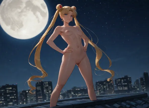 masterpiece, best quality, ultra-detailed illustration, sharp focus, intricate details, highres, absurdres, 1girl, solo, mature Sailor Moon, Usagi Tsukino as a 40 year old mature woman, adult female, mature features, beautiful detailed face, long blonde hair in odango hairstyle with long flowing twin tails, blue eyes, detailed blue eyes, long eyelashes, slender mature body, small breasts, slim waist, narrow hips, thin thighs, perfect anatomy, detailed anatomy, completely nude, standing confidently on the roof of a tall building at night, hands on hips, legs spread shoulder-width apart, full body front view, powerful confident stance, confident seductive expression, slight smile, nighttime city rooftop, modern building roof, glowing city lights and skyscrapers in the background, dark starry sky with full moon, dramatic cinematic moonlight and subtle neon lighting, hentai style, detailed illustration