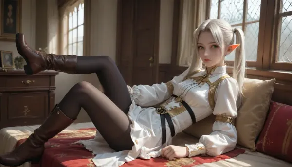 Frieren from Frieren, Beyond Journey's End. She is a short elf. She has green eyes. She has long white hair in pigtails. She has long pointy elf ears. She is wearing a white dress with gold trim. She is wearing a black and white striped shirt. She is wearing a white jacket with gold trim. She is wearing a black belt. She is wearing black tights. She is wearing brown boots. She is short and petite. She has small breasts.