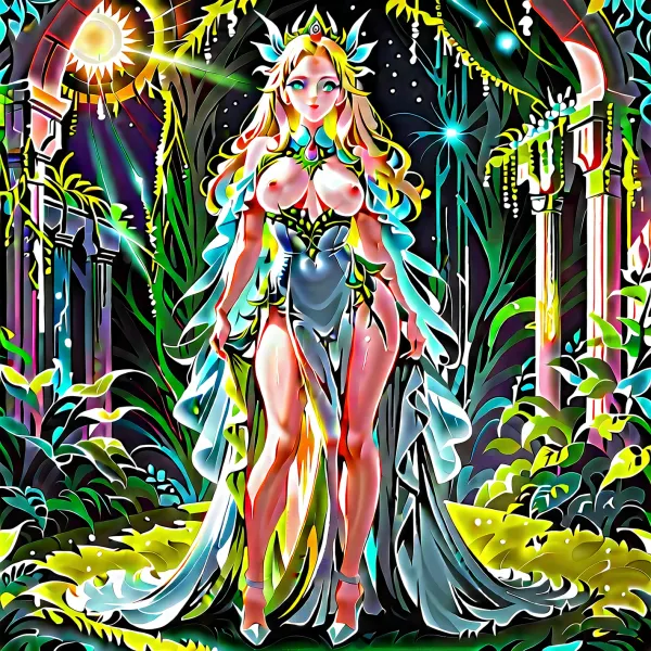 woman, ((Gorgeous elven princess)), (big ears:.7), (narrow ears), perfect face, detailed fingers, (((perfect eyes))), (((eye contact))), 8k resolution, ultra-detailed, professional photography, realistic face, detailed body, detailed skin texture, masterpiece, best quality, detailed face, Horny look, beautiful eyes, 8k wallpaper, perfect fingers, beautifull flower garden, sun rays, misty, exposing boobs, lingerie made from leaves, elegant, e, photorealism, beautifull vista with elven city lit by moonlight, glowing waterfalls, structures, distant mountains, night sky with stars, fantasy setting, overgrown nature, vines across the scene, golden hair, nipples visible, scene is lit by candle light, full body, high heels, vibrant light blue eyes, wet skin, mysterious mood, slender frame, skinny, cute tall, defined muscles, oily skin reflecting the ambient light, (dynamic lighting:1.2), (intricate shadows:1.1)