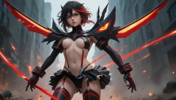 Ryuko Matoi from kill la kill, she is wearing Senketsu, a ridiculously skimpy, red and black monokini. She has thigh high boots that are black with red trim. She is wearing a very short black skirt with white trim. She has medium length black hair with a red streak. She has blue eyes.