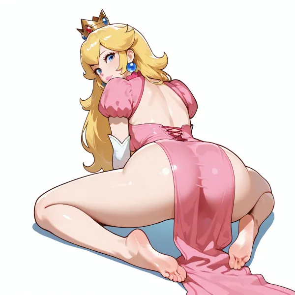 Single character, Princess Peach, elegant fantasy princess, youthful adult woman, fair porcelain skin, large bright sapphire-blue eyes, soft pink lips, gentle smile, delicate facial features, long voluminous golden-blonde hair with soft waves flowing down her back, side-swept bangs, slender neck, graceful posture, slim feminine figure, wearing a short, tight pastel pink dress with a high slit, revealing her legs and rear, puffed short sleeves, white elbow-length opera gloves, royal golden crown decorated with red and blue gemstones, round sapphire earrings, blue oval gemstone brooch set in gold at the center of her chest, refined princess aesthetic, elegant and regal appearance, classic fairy-tale style, sitting on her knees, leaning forward, hands on the ground, legs spread, looking back, Derpixon style, simple cartoon, bold black outlines, vibrant flat colors, without shading, clean lines, white background, full body view, maximum simplicity, clean flat coloring, no complex details, no gradients, no shine.