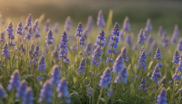 *Macro shot of a lush field covered in tiny blue wildflowers — bluebells and cornflowers, sharply detailed petals with dewdrops glistening in soft golden-hour light, vibrant colors, shallow depth of field, close-up focus on the delicate textures and intricate patterns of the flowers, gentle breeze causing slight movement, distant blurred sky with scattered clouds, hyper-realistic details, high-resolution textures, photorealistic style, 8K quality, trending on ArtStation, nature photography, fantasy landscape concept art*