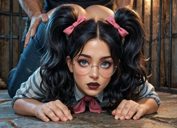 reiq style, (girl 25 years old wears glasses with round lenses and thin frames:1.3), light blue eyes, black lipstick, dark goth makeup, (black hair styles short wavy hair in high twin tails with pink bows in hair), doggystyle, fucked by captian america, front view, standing doggystyle, sad, big butt, torn clothes, hair pulling, good lighting, Prison, full body view, <lora:detailed_notrigger:2>, <lora:add-detail-xl:.8>, <lora:LCMTurboMix_Euler_A_fix:.8>
