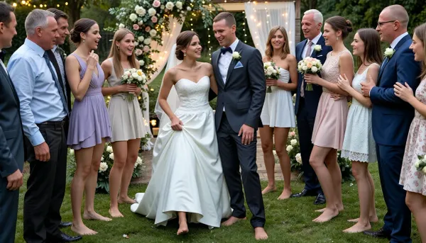 A joyful summer wedding outdoors. The bride and groom are dressed elegantly – the bride in a classic white wedding dress, the groom in a dark suit – both deliberately barefoot. Many of the younger wedding guests have also taken off their shoes and are celebrating barefoot on the grass, while many older guests are wearing traditional elegant shoes. Everyone is laughing, chatting, and enjoying the celebration. The atmosphere is warm, festive, and humorous, with flowers, fairy lights, and summer sunshine..highest quality, 8k