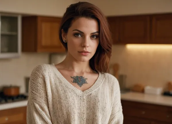 perfect body, virgin killer sweater, piercing eyes, tatoo, kitchen