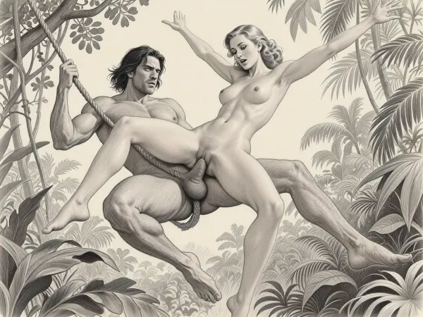 This is a detailed monochromatic pencil drawing in a classical illustrative style depicts a scene set in jungle.
Tarzan and Jane have sex in the air. Tarzan swings on a rope with Jane on his big cock. Jane has her arms spread as she flies with Tarzan. Tarzan's cock is deep in Jane's ass. Front view, looking at viewer.
The overall mood is intense, rendered in fine, expressive line work and subtle shading, evoking the style of 1950s satirical or moralistic illustrations.