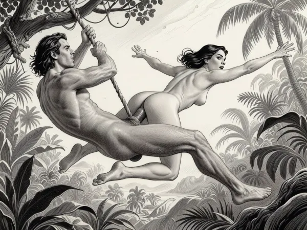 This is a detailed monochromatic pencil drawing in a classical illustrative style depicts a scene set in jungle. 1950s. extremely stylized background, BDSM.
--------------------------------------------------------------------------------------Tarzan and Jane have sex in the air. Tarzan swings on a rope with Jane impaled on his big cock. They have sex from behind in her ass, and Jane has her arms spread as she flies with Tarzan. Tarzan's massive cock is deep in Jane's ass. --------------------------------------------------------------------------------------
The overall style is a black and white pencil drawing, capturing a candid moment. The scene has a formal, organized atmosphere. The overall mood is intense, rendered in fine, expressive line work and subtle shading, evoking the style of 1950s satirical or moralistic illustrations.